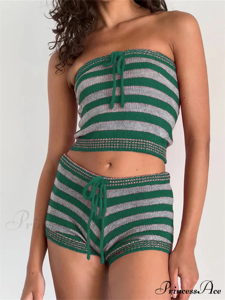 Striped Knitted Off Shoulder Crop Tube Top with Drawstring Shorts Set - Image 5