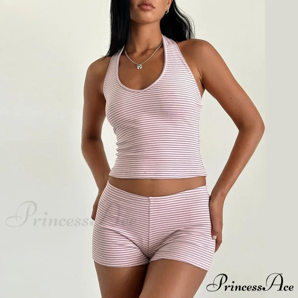 Striped Pattern Sleeveless V Neck Halter Crop Low Waist Shorts Two Pieces Set - Image 5