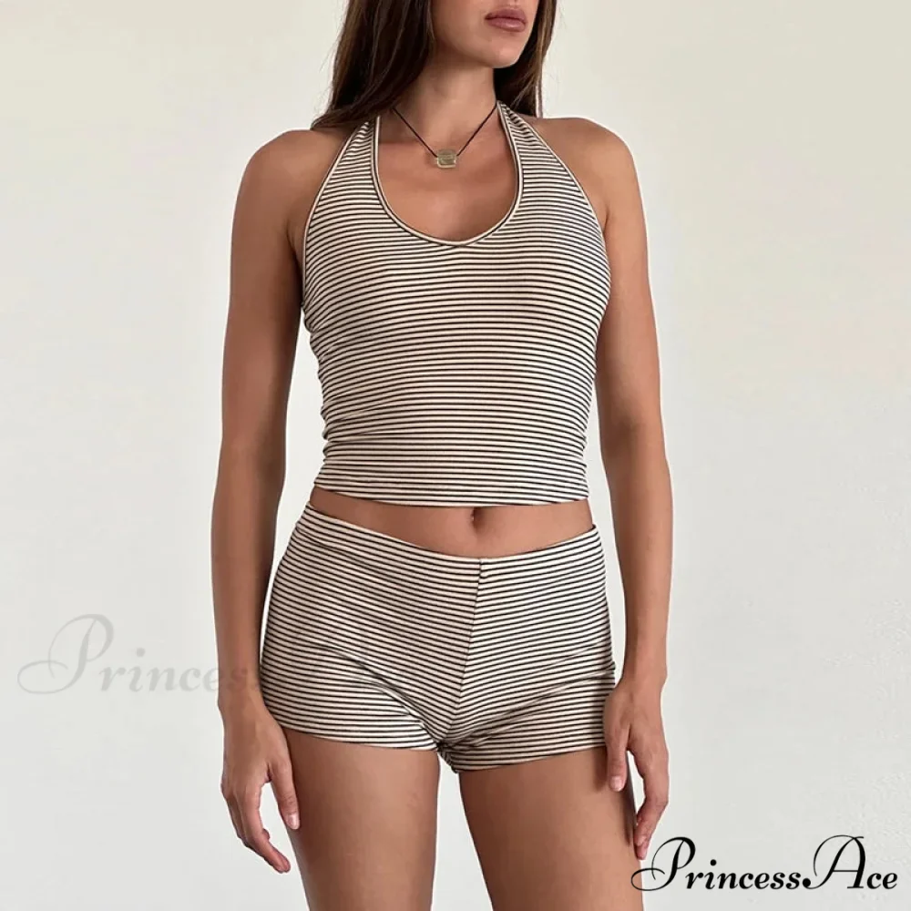 Striped Pattern Sleeveless V Neck Halter Crop Low Waist Shorts Two Pieces Set - Image 6