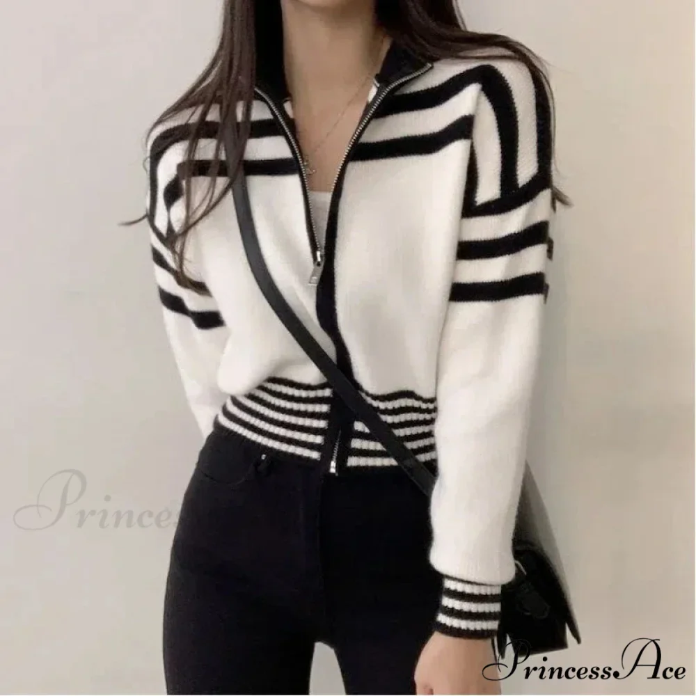 Striped Zipper Elevated Collar Cardigan - Image 2