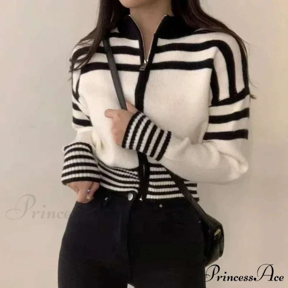 Striped Zipper Elevated Collar Cardigan - Image 3