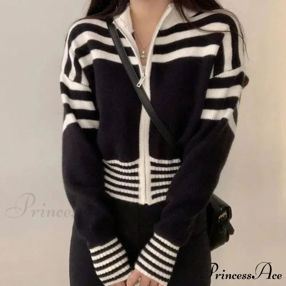 Striped Zipper Elevated Collar Cardigan - Image 4