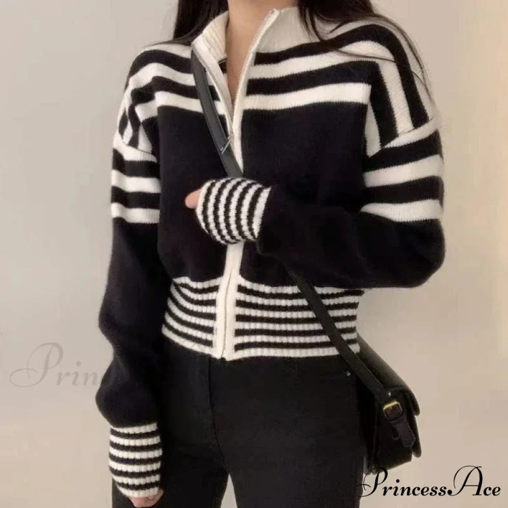 Striped Zipper Elevated Collar Cardigan - Image 6
