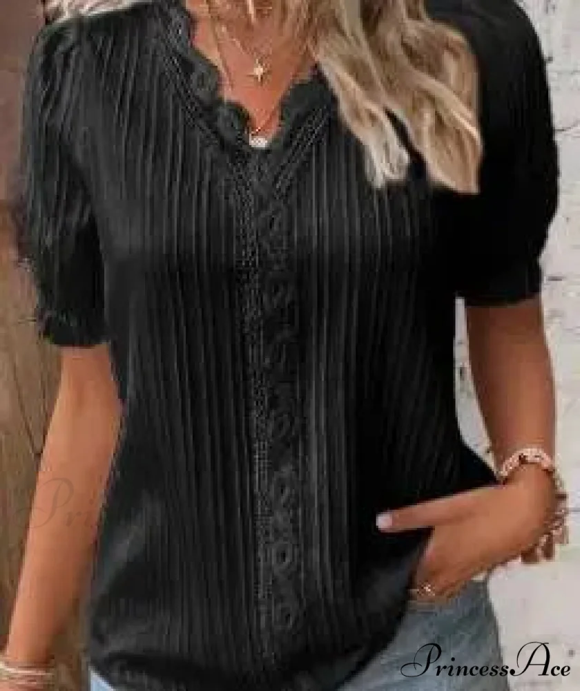Strong Attractive Plunge Neck Join Short Sleeve Blouse - Image 10