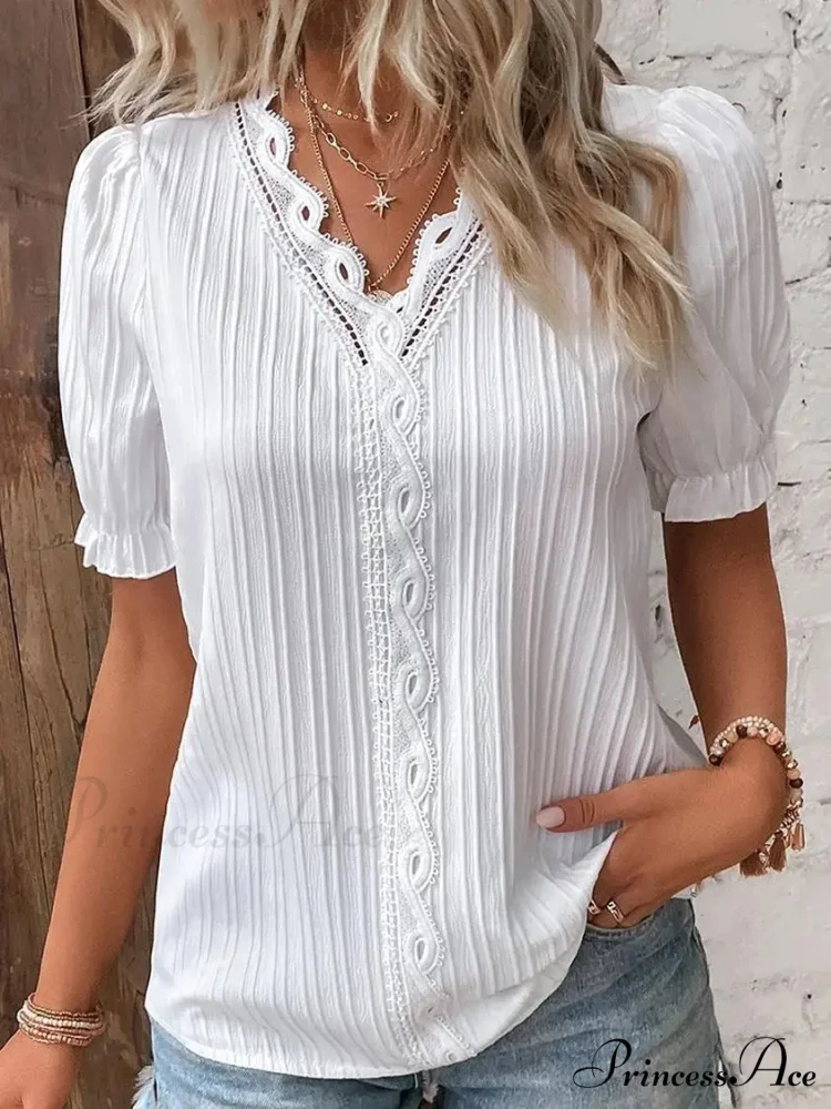 Strong Attractive Plunge Neck Join Short Sleeve Blouse - Image 11
