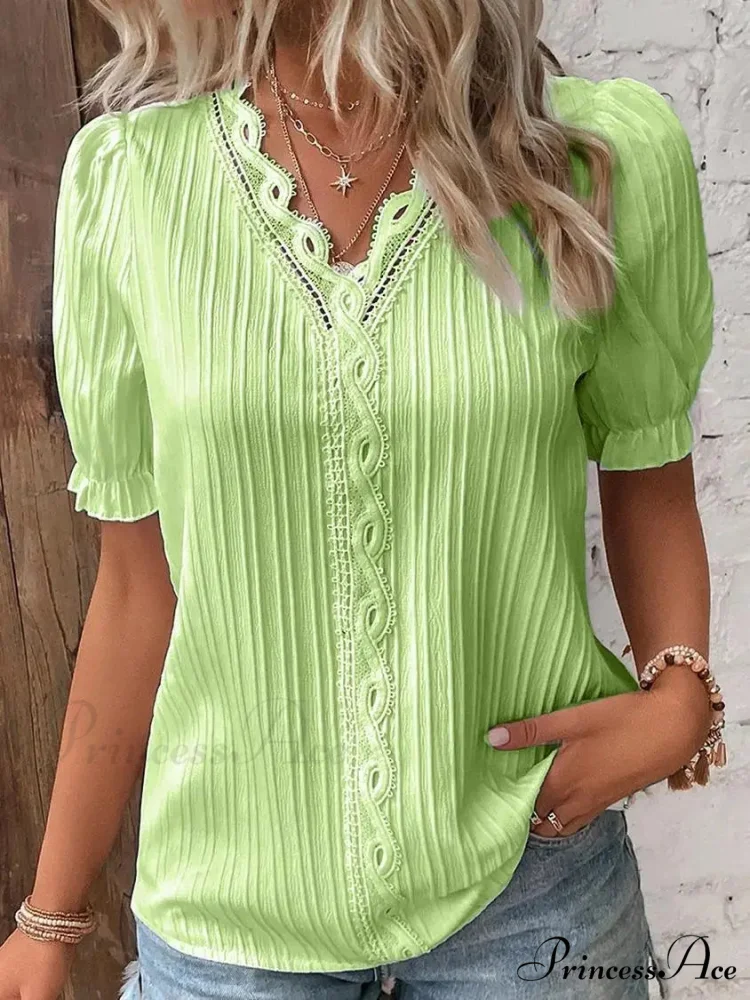 Strong Attractive Plunge Neck Join Short Sleeve Blouse - Image 12