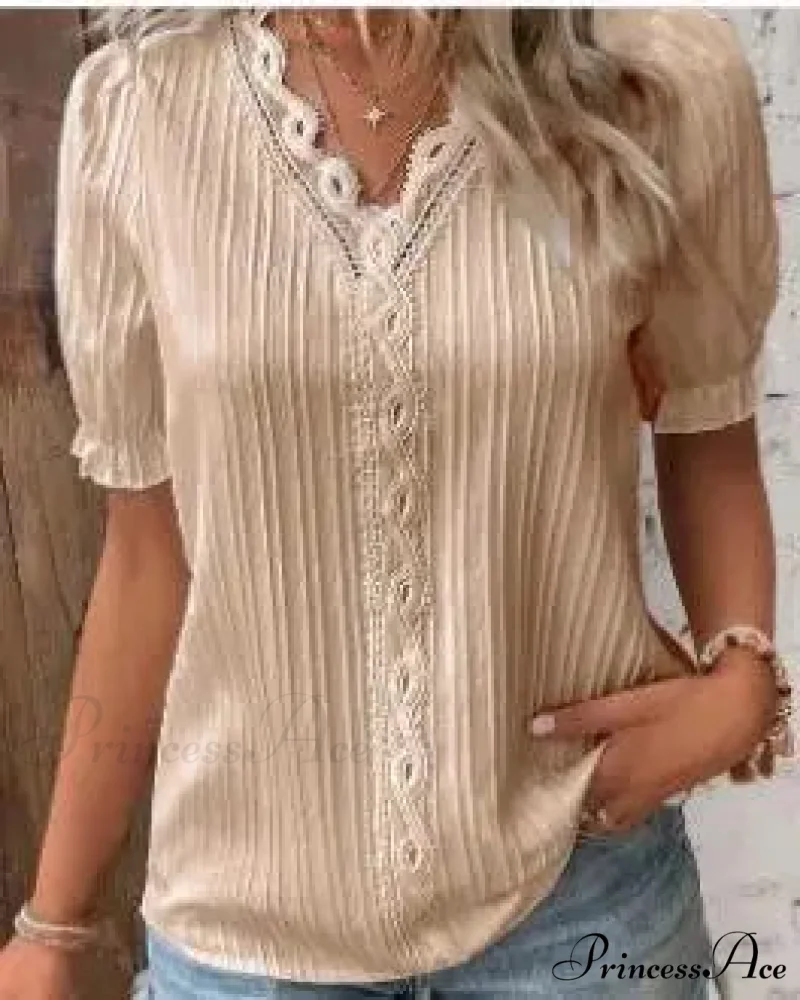Strong Attractive Plunge Neck Join Short Sleeve Blouse - Image 14