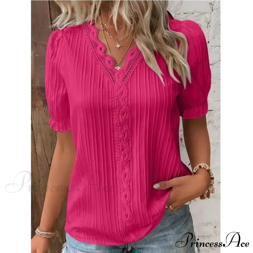 Strong Attractive Plunge Neck Join Short Sleeve Blouse - Image 16