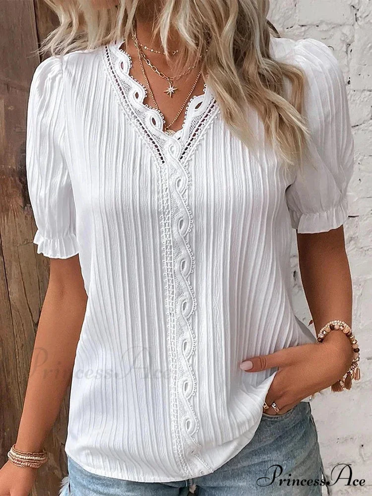 Strong Attractive Plunge Neck Join Short Sleeve Blouse - Image 2