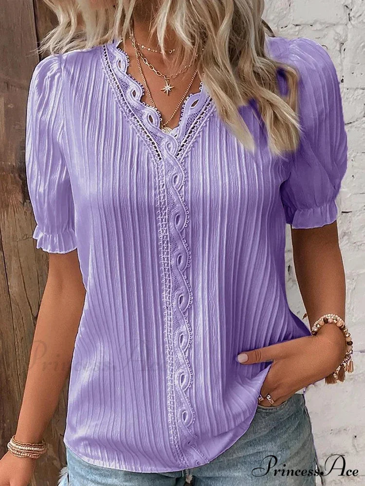 Strong Attractive Plunge Neck Join Short Sleeve Blouse - Image 4