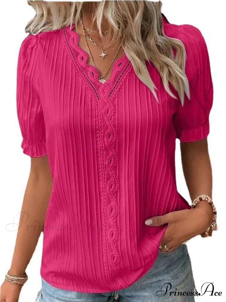 Strong Attractive Plunge Neck Join Short Sleeve Blouse - Image 6