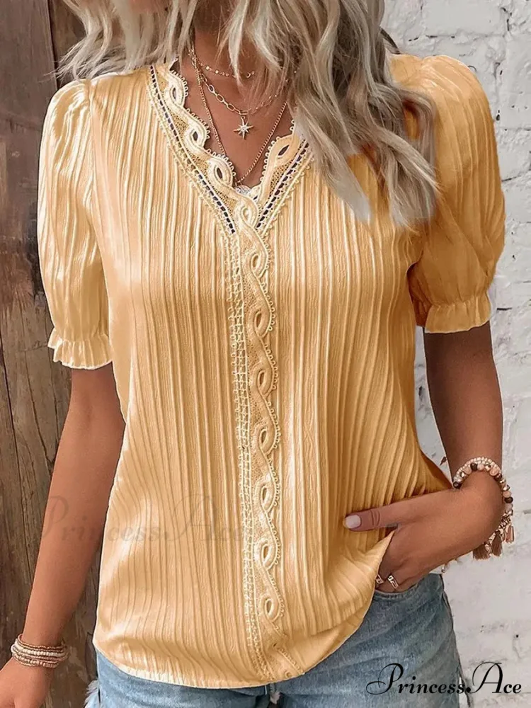 Strong Attractive Plunge Neck Join Short Sleeve Blouse - Image 9