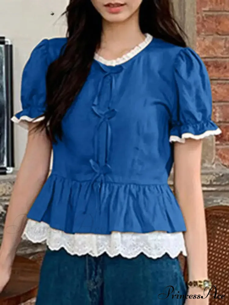 Strong Puff Sleeve Lace Patchwork High Neck Blouse - Image 2