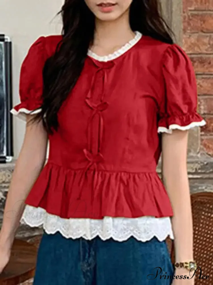 Strong Puff Sleeve Lace Patchwork High Neck Blouse - Image 3