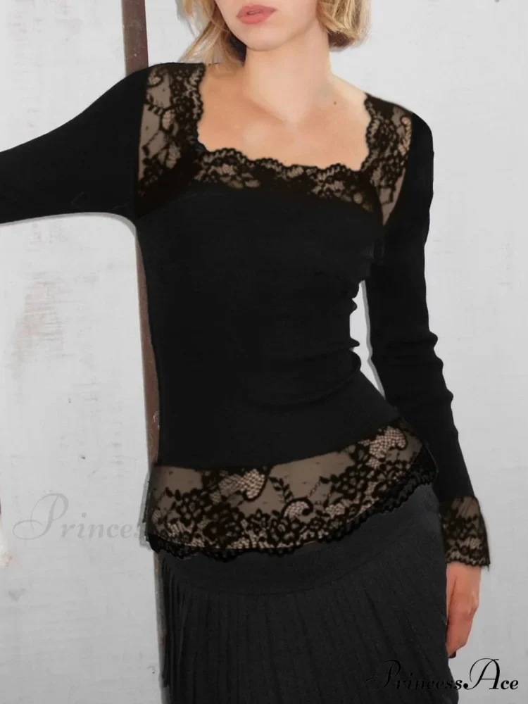 Sturdy Lace Trim Narrow Square Neck Long Sleeve Knit Top - Image 2