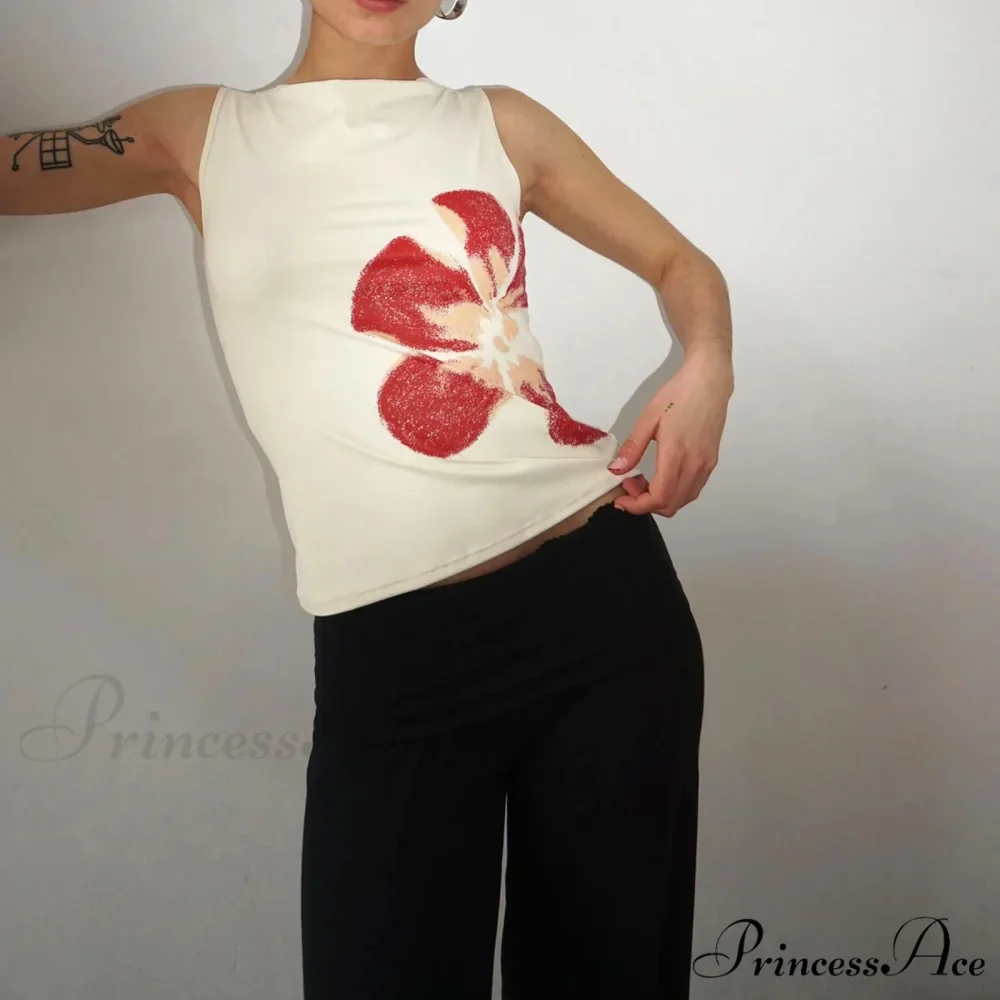 Stylish 2000s Floral Pattern Crewneck Sleeveless Graphic Crop - Image 4