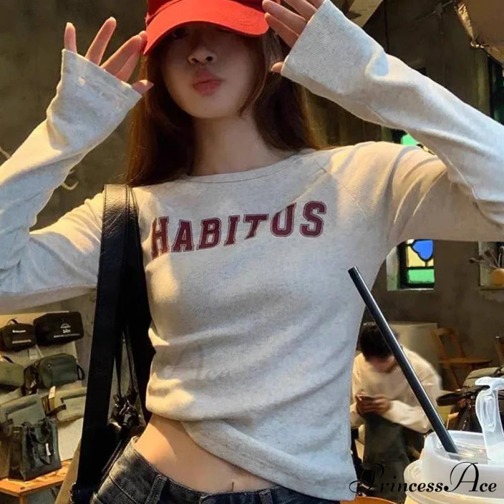 Stylish 2000s Letter Print Ribbed Long Sleeve Knit Top - Image 2