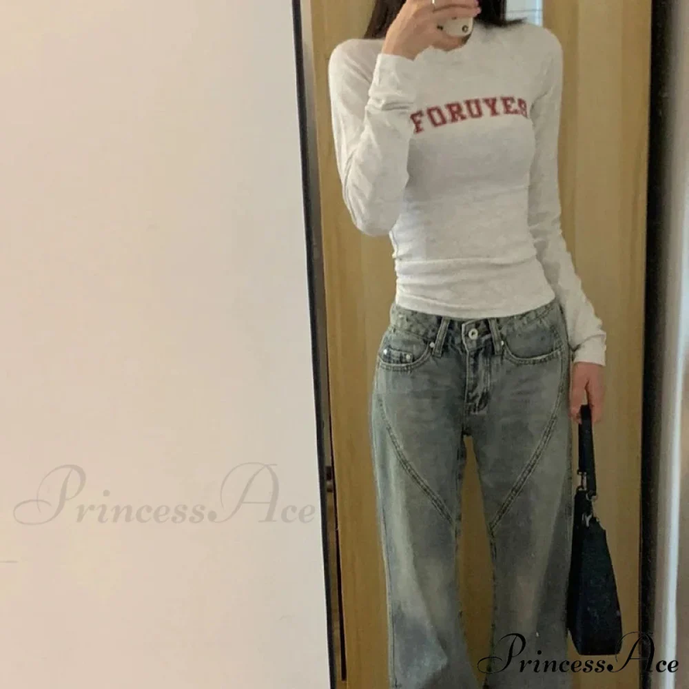Stylish 2000s Letter Print Ribbed Long Sleeve Knit Top - Image 3