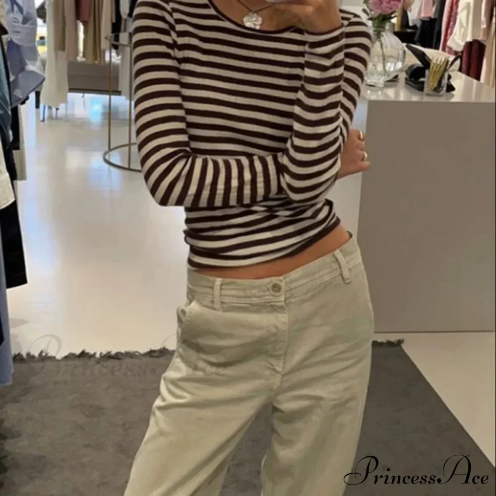 Stylish 2000s Striped Ribbed Knitted Crop Long Sleeve Knit Top - Image 2
