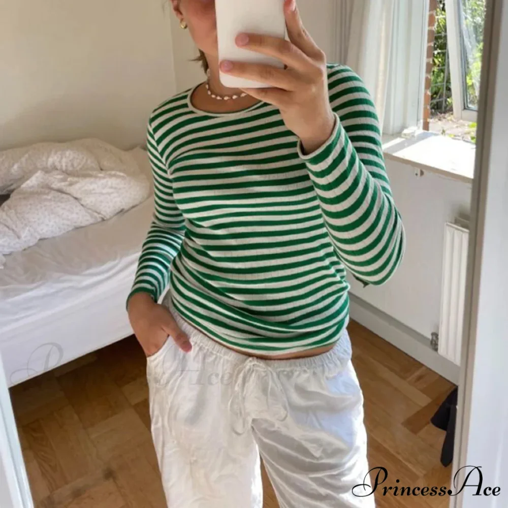 Stylish 2000s Striped Ribbed Knitted Crop Long Sleeve Knit Top - Image 3