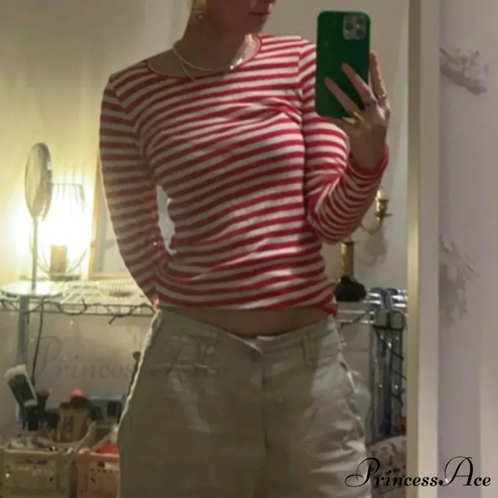 Stylish 2000s Striped Ribbed Knitted Crop Long Sleeve Knit Top - Image 4
