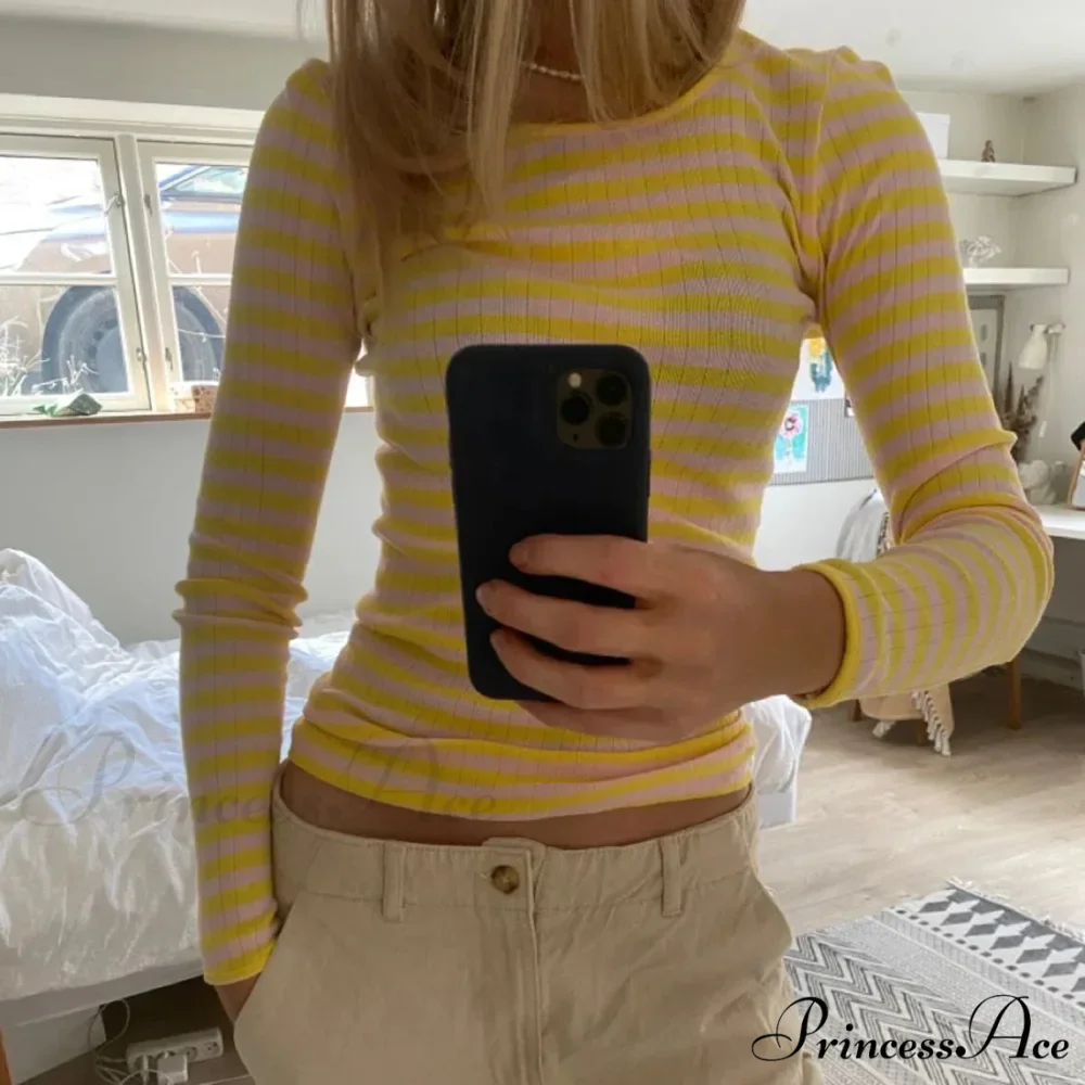 Stylish 2000s Striped Ribbed Knitted Crop Long Sleeve Knit Top - Image 5