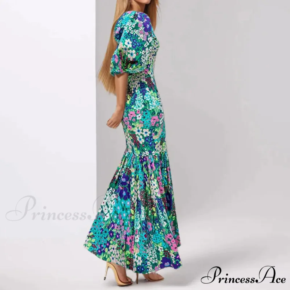 Stylish Azure Floral Lantern Sleeve Dress - Image 2
