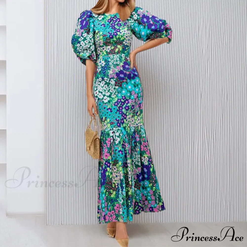 Stylish Azure Floral Lantern Sleeve Dress - Image 3