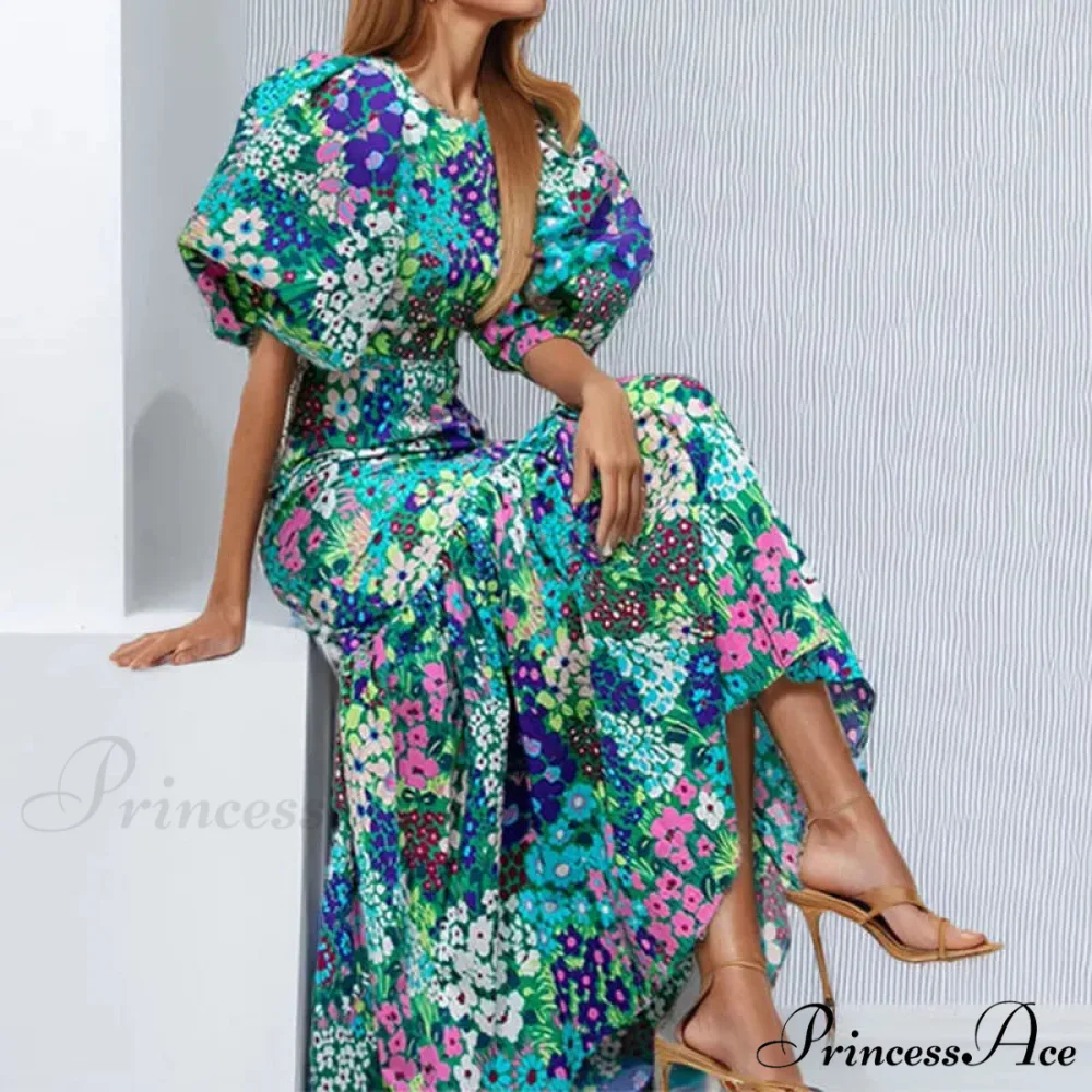 Stylish Azure Floral Lantern Sleeve Dress - Image 4