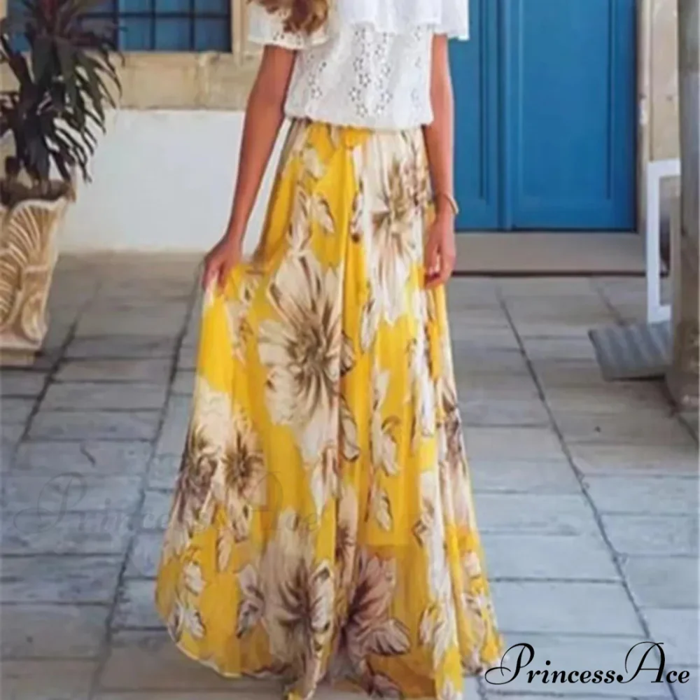 Stylish Bohemian Chiffon Floral Long Elevated Waist Pleated Skirt - Image 2