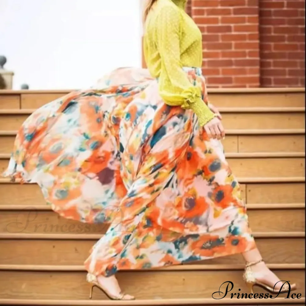 Stylish Bohemian Chiffon Floral Long Elevated Waist Pleated Skirt - Image 3