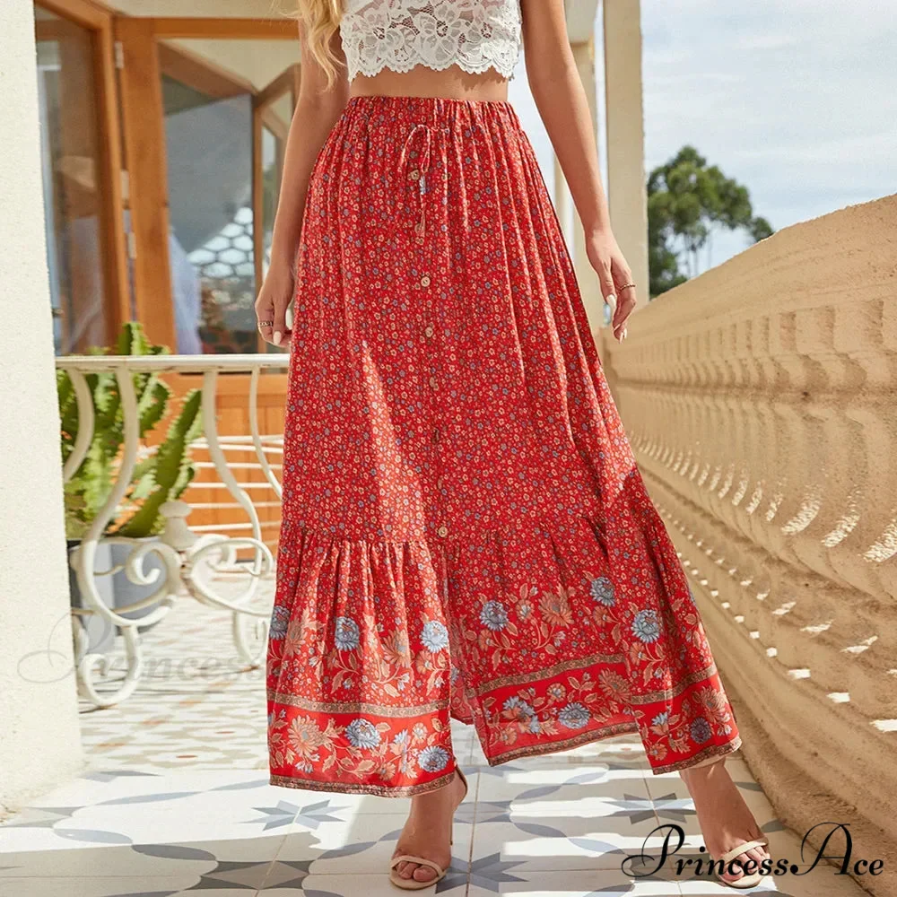 Stylish Bohemian Skirts Free Spirit Floral Printed High Waist Rayon Robes - Image 3