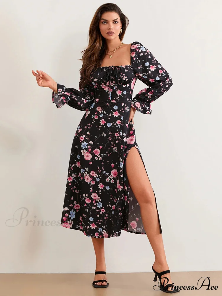 Stylish Botanical Midi Puff Sleeve Square Neck Floral Dress - Image 2