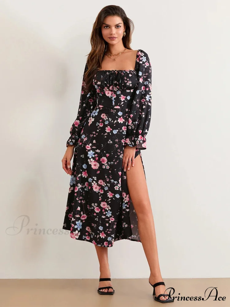 Stylish Botanical Midi Puff Sleeve Square Neck Floral Dress - Image 3