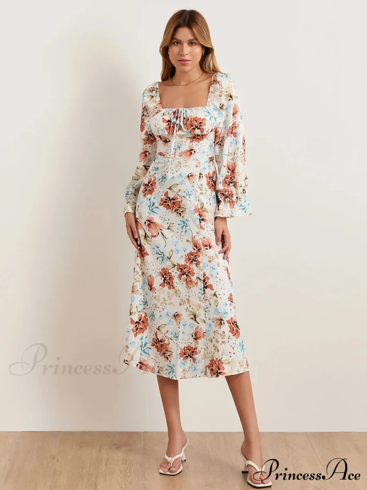 Stylish Botanical Midi Puff Sleeve Square Neck Floral Dress - Image 4