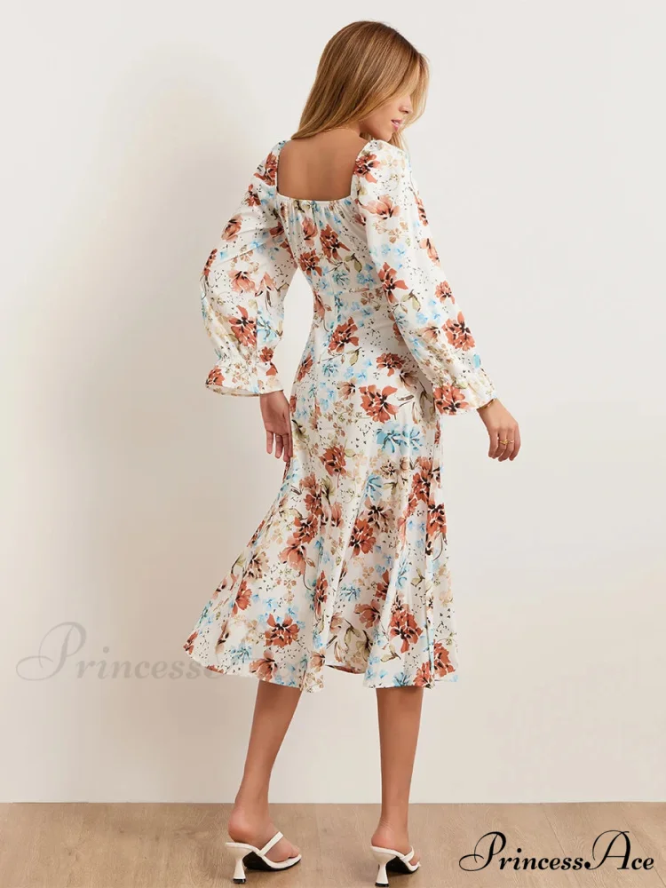 Stylish Botanical Midi Puff Sleeve Square Neck Floral Dress - Image 6