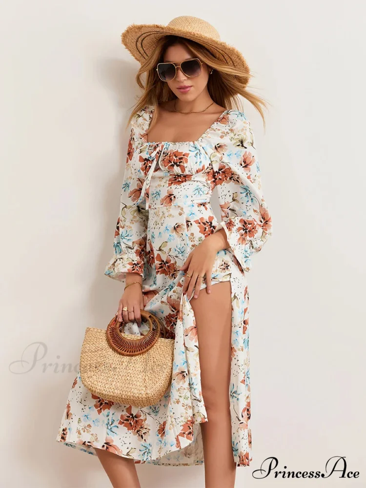 Stylish Botanical Midi Puff Sleeve Square Neck Floral Dress - Image 8