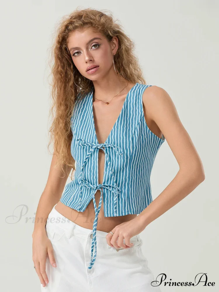 Stylish Bow Knotted Front Striped Sleeveless V-neck Crop Tank - Image 2