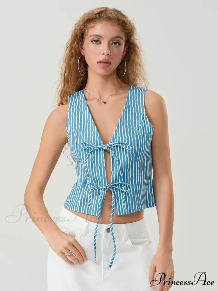 Stylish Bow Knotted Front Striped Sleeveless V-neck Crop Tank - Image 4