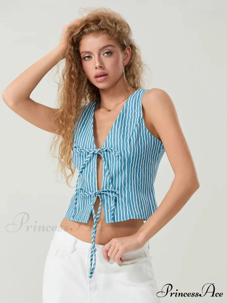 Stylish Bow Knotted Front Striped Sleeveless V-neck Crop Tank - Image 5