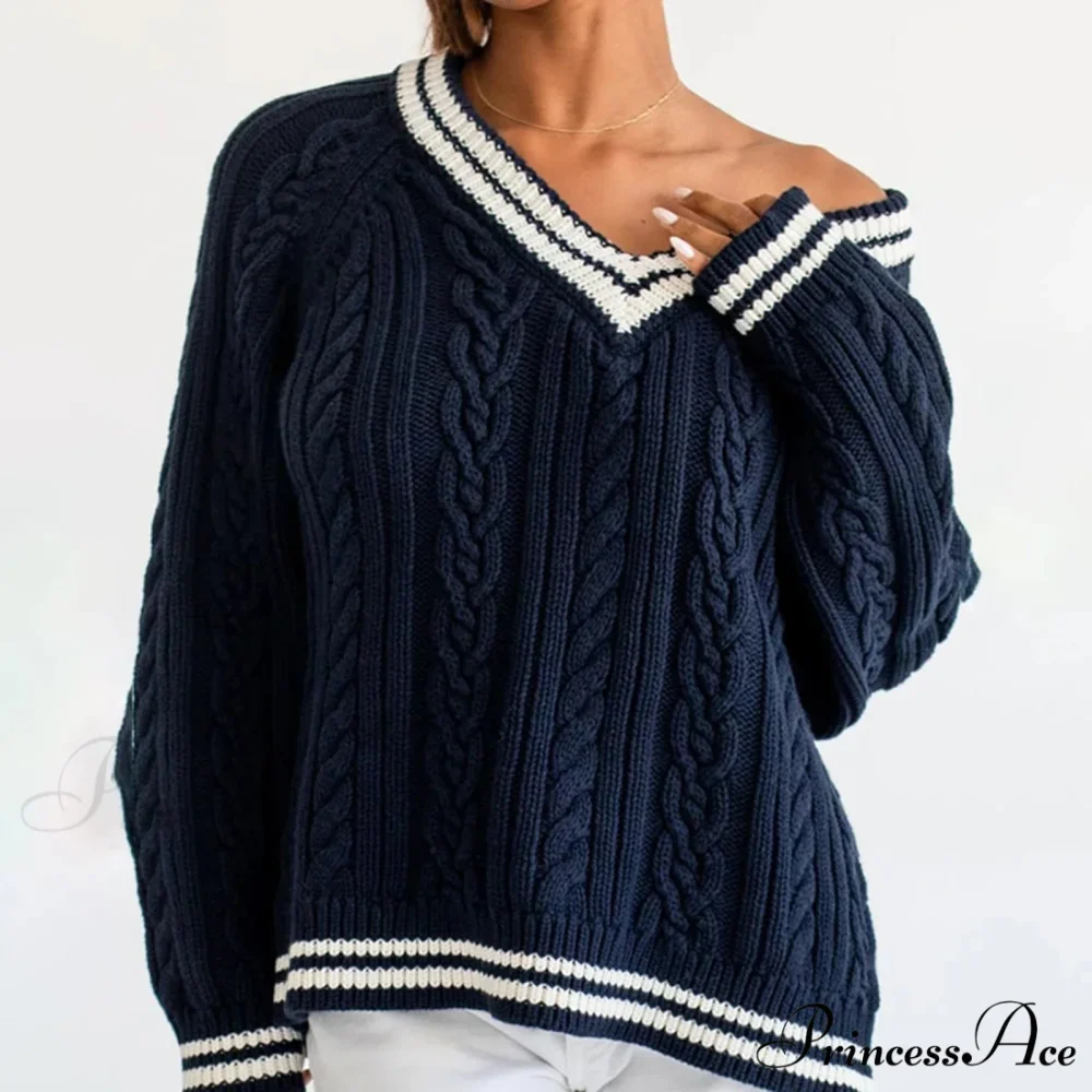 Stylish Braided Knit Striped V-neck Sweater - Image 2