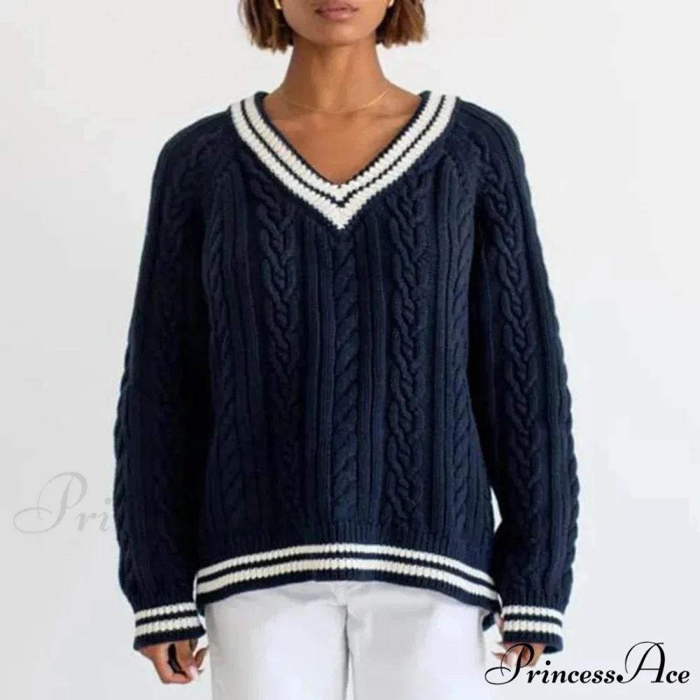 Stylish Braided Knit Striped V-neck Sweater - Image 3
