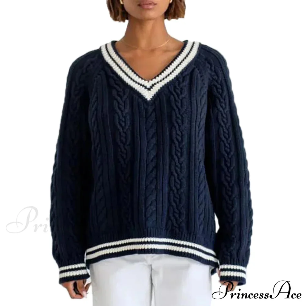 Stylish Braided Knit Striped V-neck Sweater - Image 6