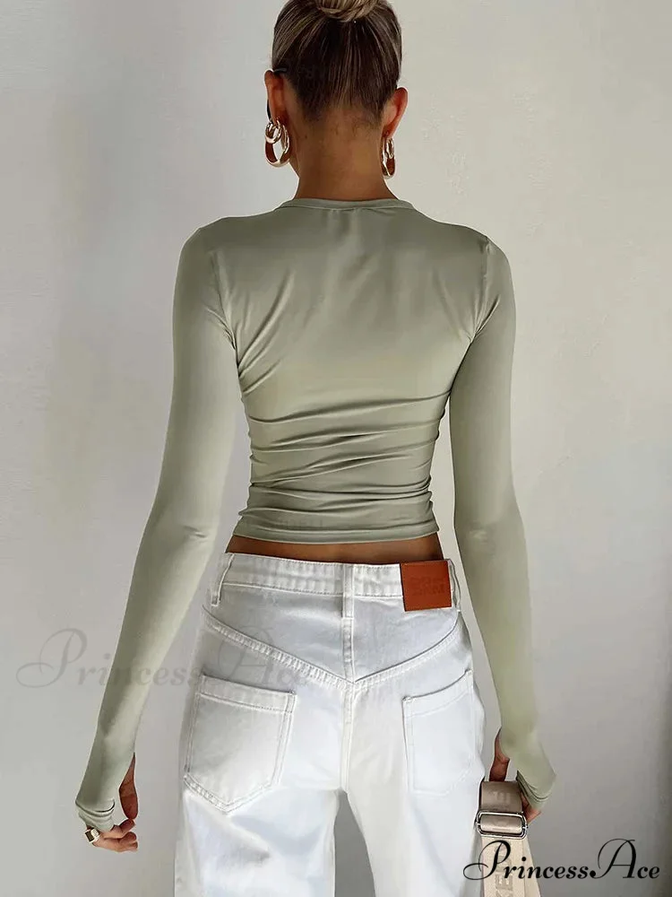 Stylish Crew Neck Trim Fit Extended Sleeve Knit Top with Thumb Holes - Image 2
