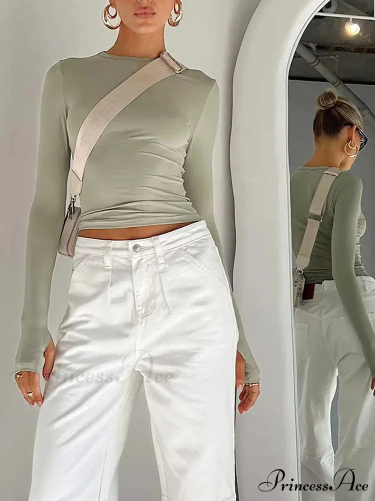 Stylish Crew Neck Trim Fit Extended Sleeve Knit Top with Thumb Holes - Image 3