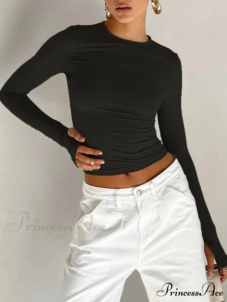 Stylish Crew Neck Trim Fit Extended Sleeve Knit Top with Thumb Holes - Image 5