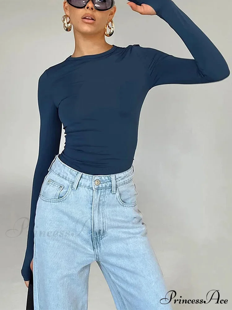 Stylish Crew Neck Trim Fit Extended Sleeve Knit Top with Thumb Holes - Image 6