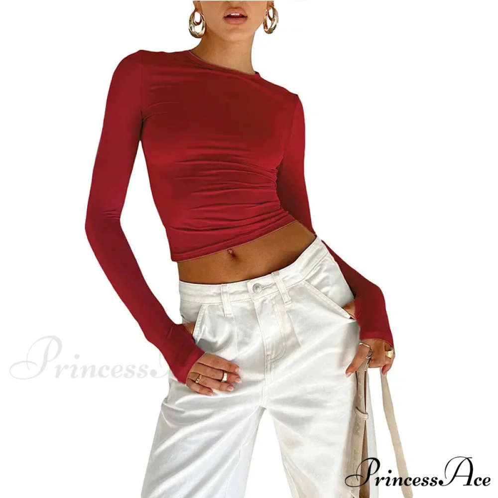 Stylish Crew Neck Trim Fit Extended Sleeve Knit Top with Thumb Holes - Image 9