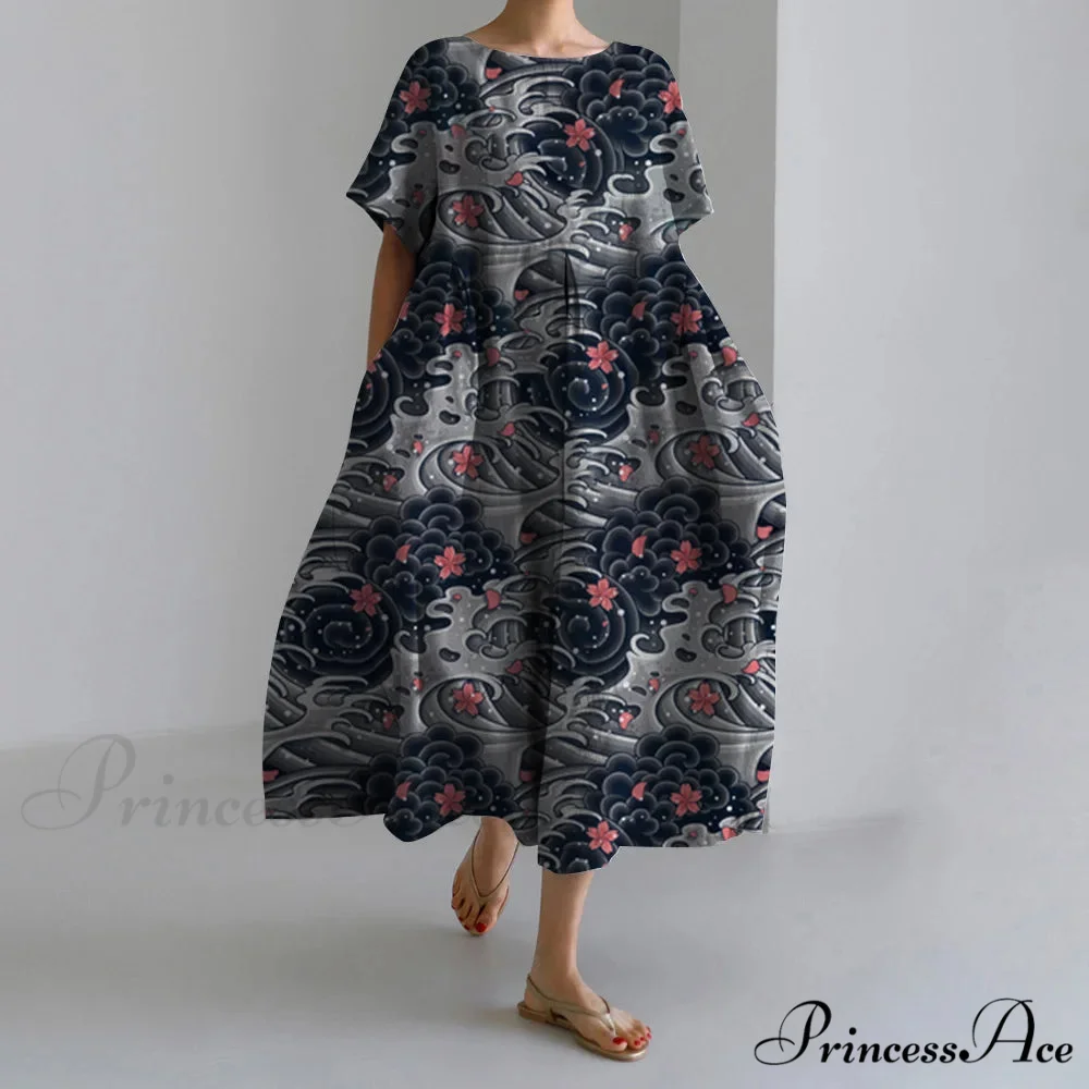 Stylish Fall Vintage Flower Pattern Circular Neck Evening Gown - Image 5