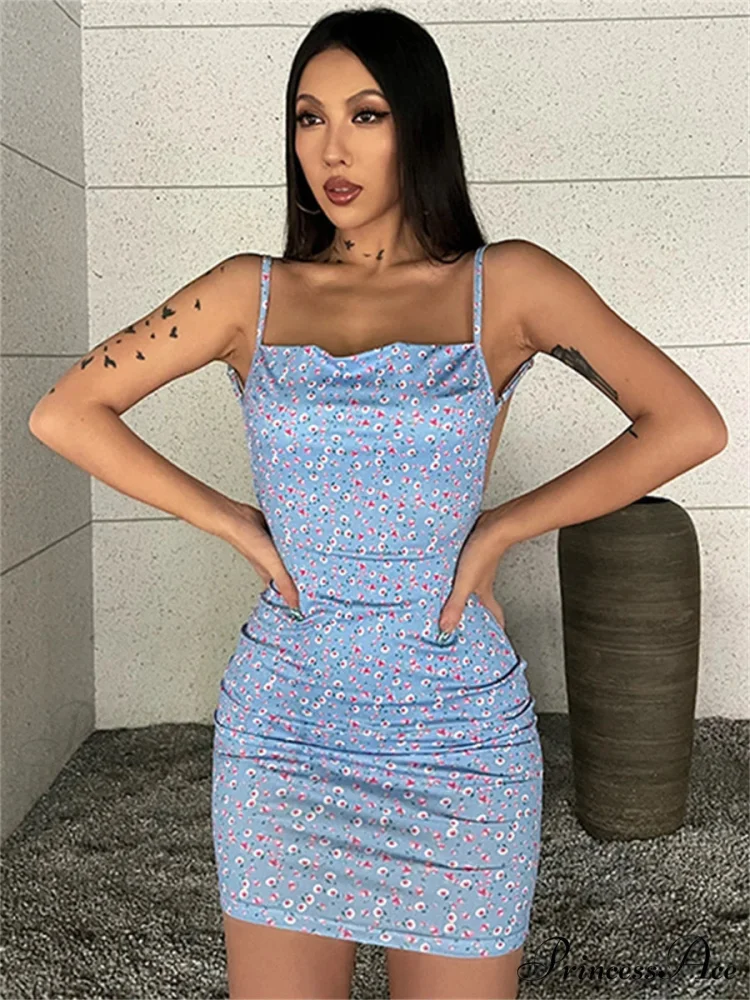 Stylish Flower Pattern Open-Back Sling Mini Suspender Wrap Bodycon Party Dress - Image 3
